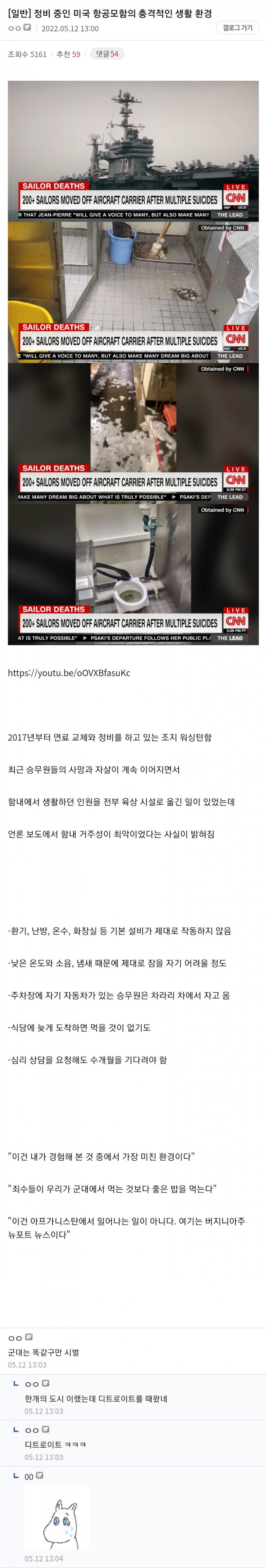 정비 중인 미국 항공모함의 충격적인 생활 환경